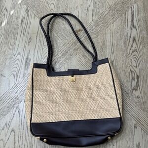 Aigner Straw‎ Leather Tote Bag Women Gold Logo Accent Braided Handles